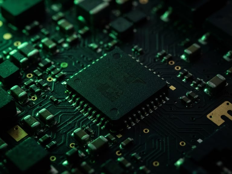 Extreme macro close-up of a Nordic NRF52840 chip on a dark circuit board, illuminated by a sharp neon green key light, high contrast, 35mm lens.