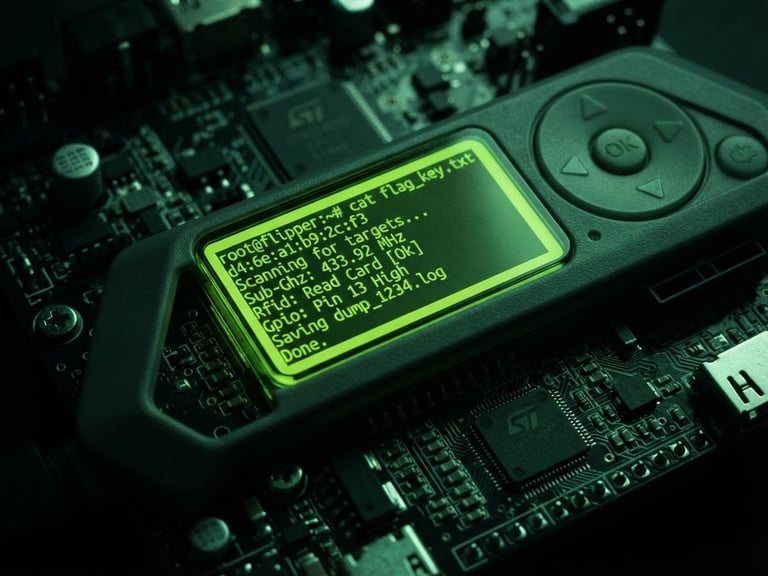Extreme close-up macro shot of a Flipper Zero screen glowing with terminal code, resting on a dark metallic circuit board, low-key dramatic lighting with a sharp neon green key light, high contrast, 35mm lens.