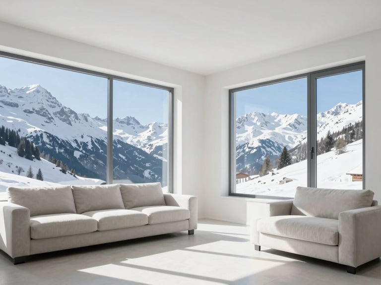 Bright architectural photography of a pristine Swiss living room, natural alpine daylight streaming through large windows, immaculate surfaces reflecting light, 35mm lens.