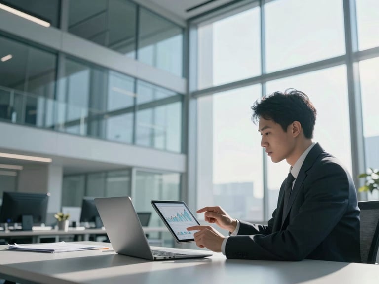 Executive looking at a financial chart on a tablet in a modern office, crisp morning daylight, cool blue and silver tones, sharp focus, wide-angle lens, professional editorial style