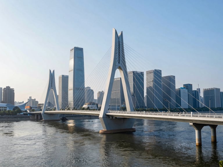 Modern architectural bridge spanning a river in a metropolitan skyline, crisp morning daylight, cool blue and silver tones, sharp focus, wide-angle lens, professional editorial style