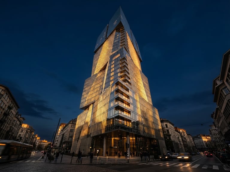 Low-angle architectural photography of a modern luxury high-rise in Brussels at golden hour, deep navy sky, warm gold light reflecting on glass facade, 35mm.