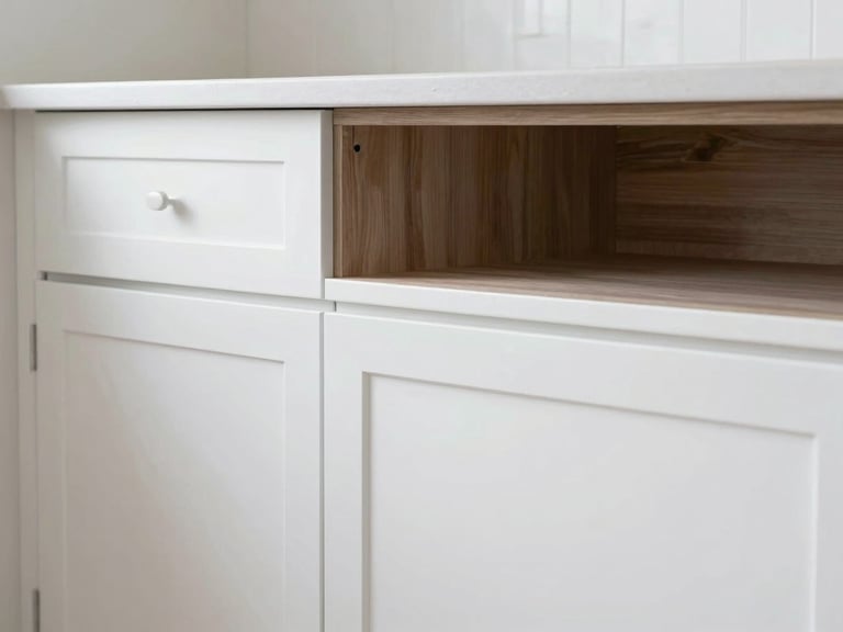 A kitchen cabinet, half refinished in a pristine white, half still in its original dark wood, demonstrating a flawless transformation. Close-up, natural coastal daylight.