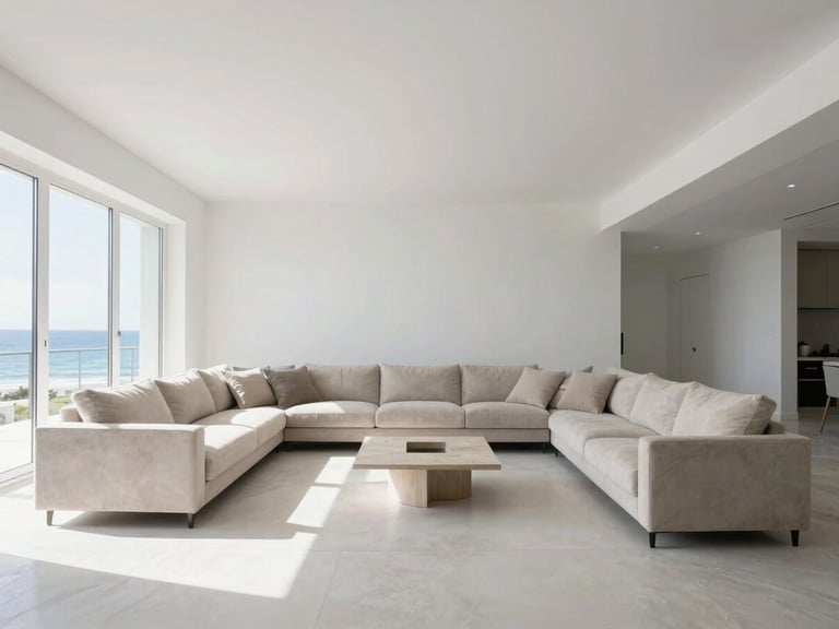 A luxurious coastal living room, half painted a crisp white, half still in its old, muted beige, showcasing a dramatic before-and-after transformation. Bright natural daylight, wide architectural shot.