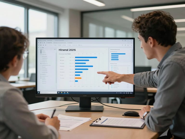 Wide shot of a conference room in natural light, two people leaning over a large monitor showing a hiring funnel dashboard with drop-off metrics, hands pointing at the screen, documents spread on the table