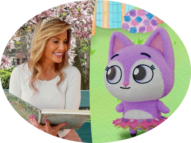 alt="Angela Santomero split screen with Princess Penelope"