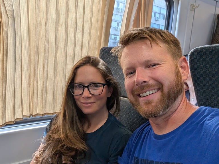 Don and Samantha on the train to Kutaisi Airport from Tbilisi, Georgia