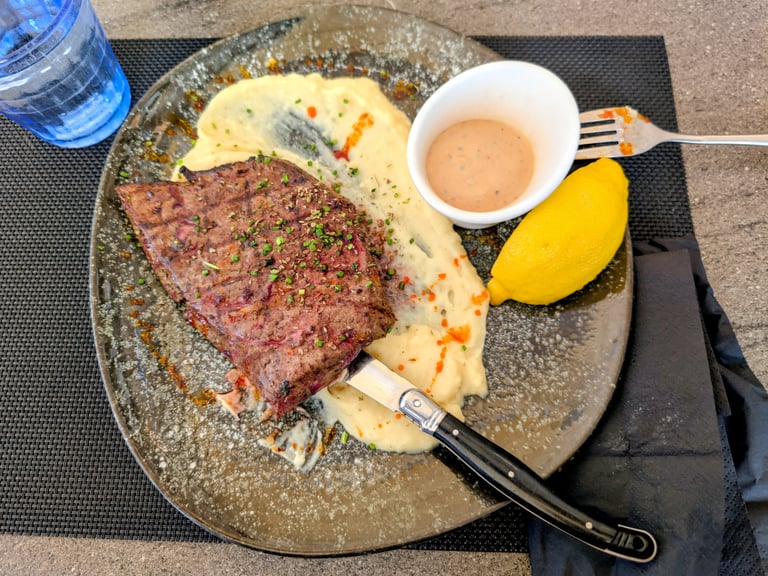 Veal liver over mashed potatoes in Thessaloniki greece