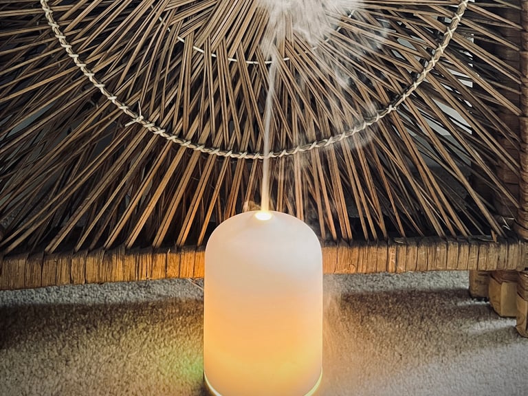 Diffuser giving off steam in front of a bamboo screen