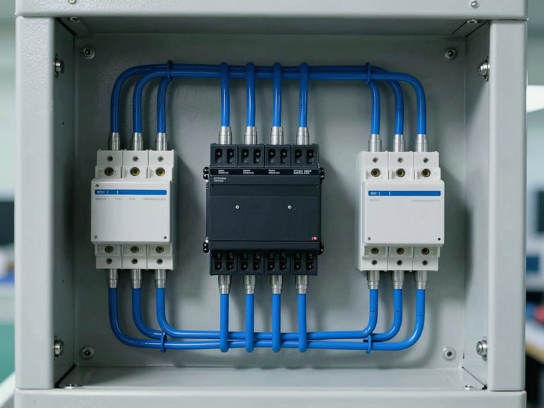Symmetrical close-up shot under bright white laboratory light of a clean industrial electrical panel, perfectly organized blue and gray wiring connected to a central PLC controller