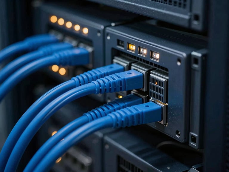 Macro shot of structured blue cabling in a clean enterprise server rack, cool-toned technical photography, sharp LED indicators, depth of field, 35mm