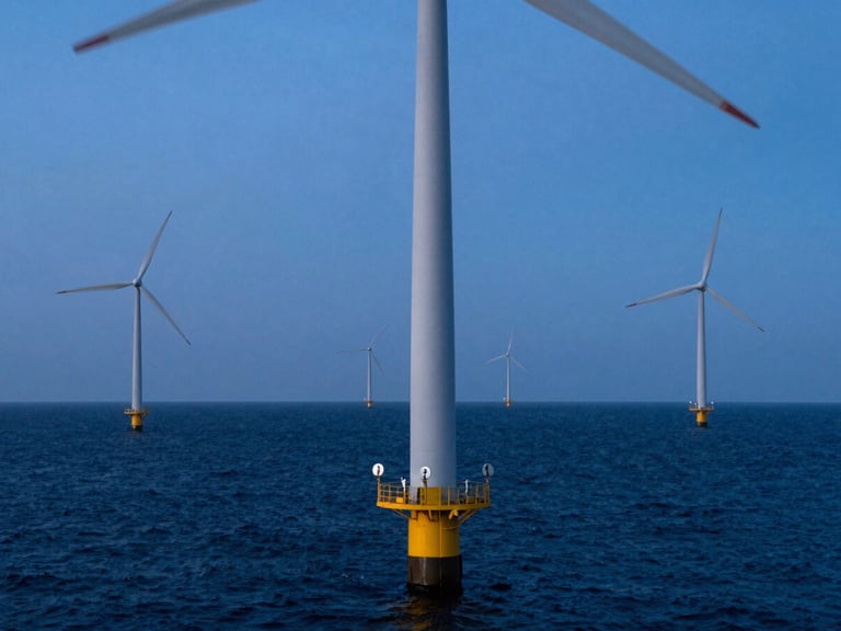 Wide-angle view of offshore wind turbines standing in deep ocean waters, cool blue glow of dusk, technical marine sensors mounted on the turbine base.