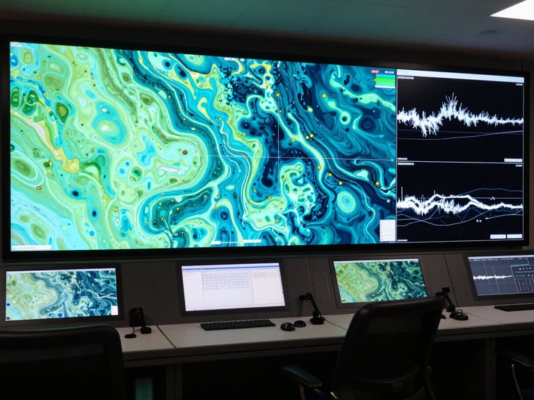 A wide-angle control room monitor displaying high-fidelity bathymetric maps, luminous cyan and seafoam green data plots, and real-time coastal wave telemetry.
