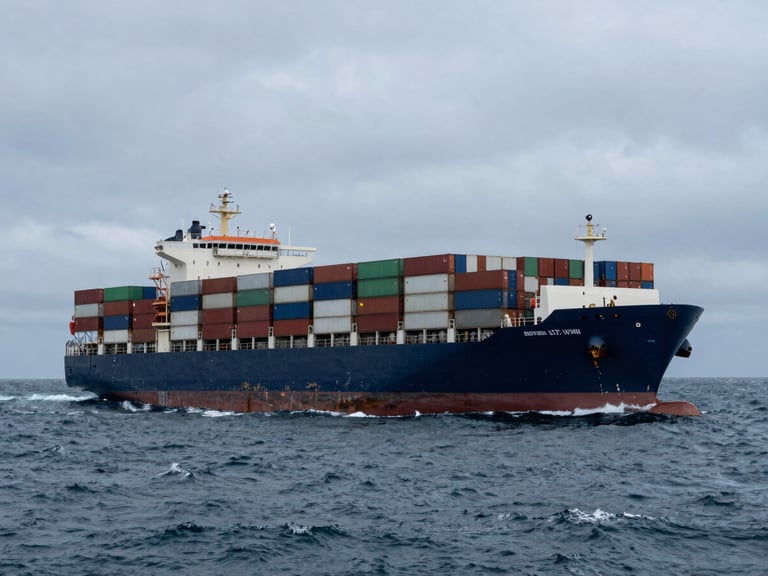 Extreme wide-angle environmental shot of a large container vessel navigating rough, dark blue North Sea waters under an overcast sky, low-key natural lighting.