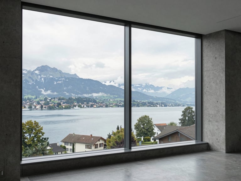 Wide environmental view of the Lake Geneva region from a modern Swiss office window, soft overcast daylight, clean concrete frames, misty mountains in the background.