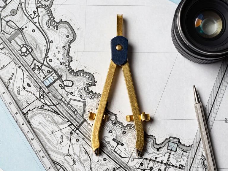 Top-down flatlay of a high-precision topographic map with brass dividers and technical drawing tools, bright daylight, sharp details