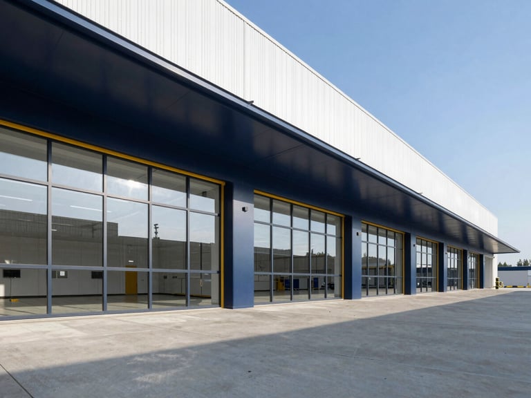 Wide shot of a modern automated logistics hub with clean lines, high-contrast daylight streaming through high windows, deep navy accents