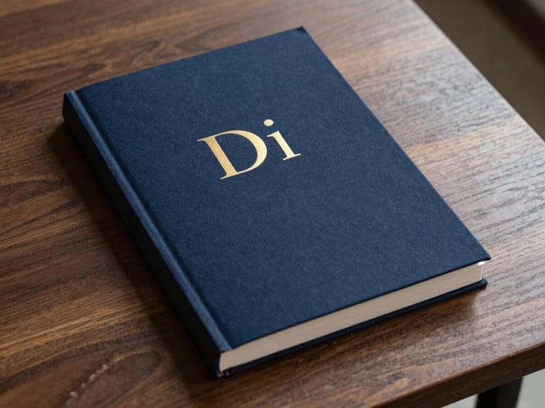 Minimalist book cover design with clean serif typography on premium textured paper, resting on a dark wood table under sharp architectural light
