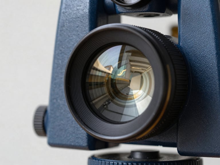 Macro shot of a high-precision digital theodolite lens reflecting sharp architectural lines in bright daylight, high contrast, deep navy tone