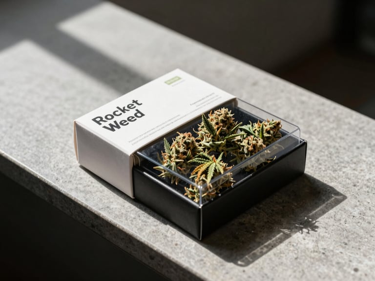 Close-up of premium cannabis flower in a sealed, branded Rocket Weed box sitting on a minimalist slate counter, bright daylight casting sharp geometric shadows