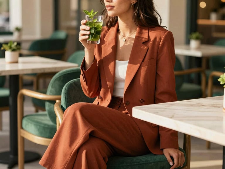 An elegant woman sitting in a modern cafe in Rabat, wearing a terracotta blazer paired with modern wide-leg trousers, holding a glass of mint tea, soft natural light.
