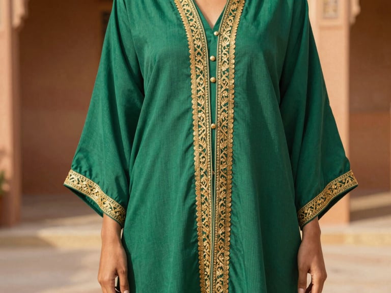 Close-up of a modern emerald green kaftan with delicate gold embroidery, worn by a woman standing in a sunlit riad courtyard, focusing on fabric texture.