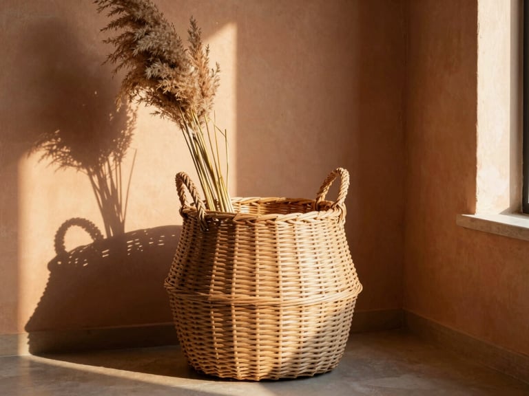 Sunlit modern minimalist interior with a large hand-woven wicker basket as a focal point, casting long shadows, organic textures, dried reeds, warm terracotta tones.