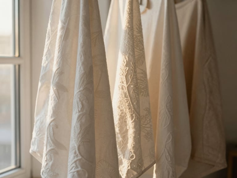 Beyaz bir duvarda asılı, farklı boyutlarda ve desenlerde, güneş ışığıyla aydınlatılmış el yapımı hasır duvar dekorları, minimalist iç mekan.