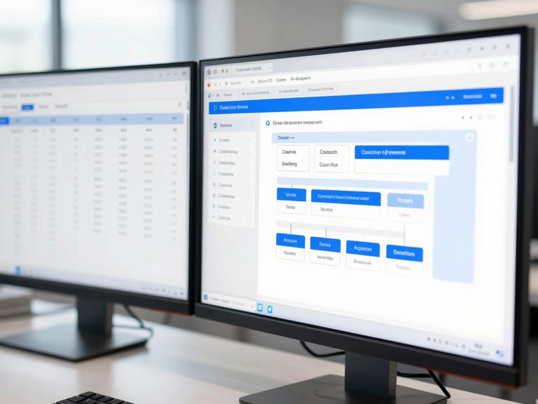 Macro shot of a clean dual-monitor setup displaying structured data dashboards and automated workflow diagrams, cool slate and electric blue tones, bright clean office daylight, 35mm
