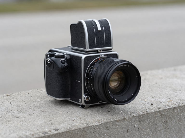 Dead-on elevation shot of a heavy medium-format analog camera resting on a raw concrete ledge, flat overcast northern light, minimal composition, focus on the physical texture of the camera.