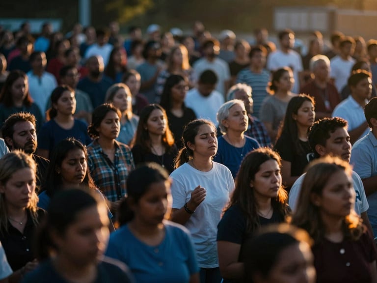 A wide-angle live broadcast screen displaying a vibrant worship gathering under dramatic golden-hour sunlight, cinematic editorial photography, shallow depth of field