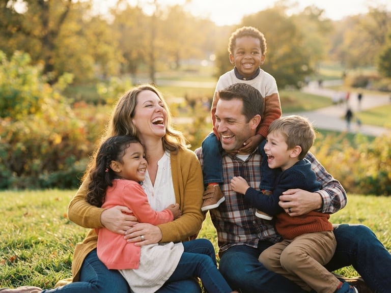 A warm outdoor portrait of an Ohio foster family laughing together in a park, soft golden-hour natural light, shallow depth of field, 35mm lens