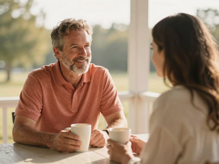 An experienced foster father sharing a warm conversation and coffee with a new foster parent on a porch in Ohio, soft morning light, shallow depth of field.