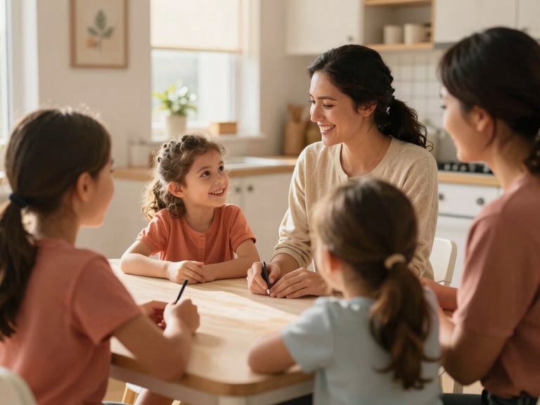 A supportive social worker collaborating with a foster family around a kitchen table, warm natural light, authentic smiles, 35mm lens.