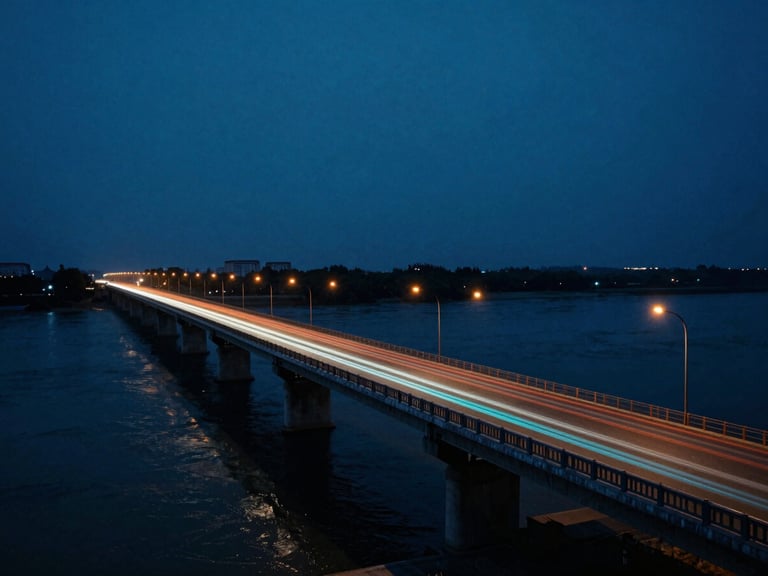 Cinematic wide-angle shot of the Han River bridge at twilight, deep blue hour lighting with orange and cyan car trails, moody atmosphere, anamorphic lens.