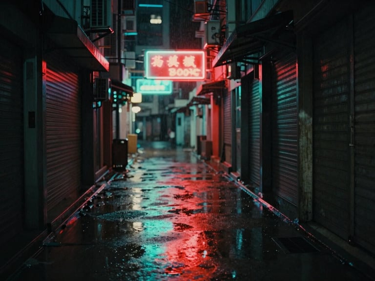 Moody cinematic film photography of rain-slicked narrow Hong Kong alleyway at night, glowing neon signs in red and cyan reflecting in puddles, anamorphic lens, 35mm grain
