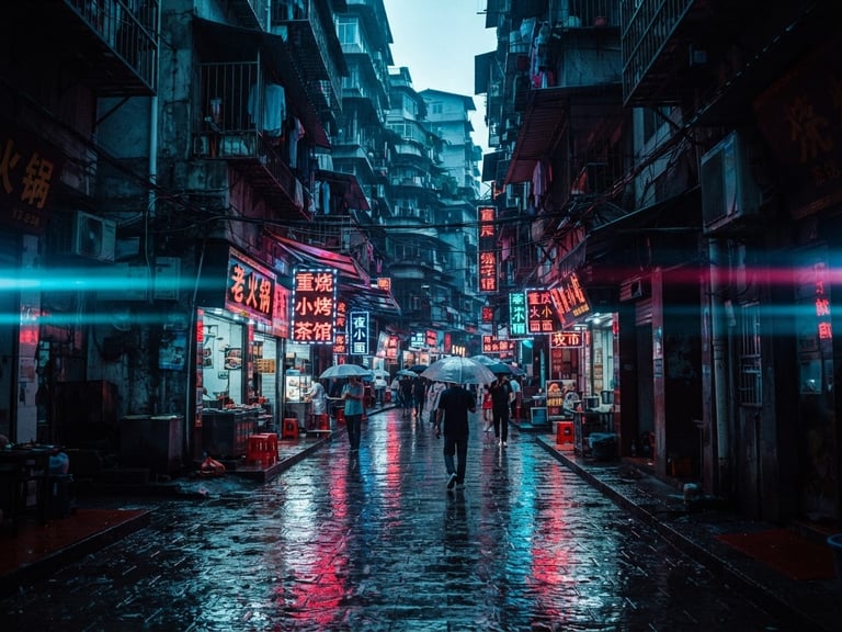 Moody wide-angle anamorphic shot of a neon-lit alleyway in Chongqing at dusk, wet pavement reflecting cyan light, deep shadows, 35mm grain