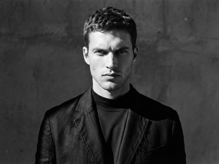 High-contrast studio portrait of a male model, sharp direct sunlight with dramatic shadows, minimalist background, neutral tones, medium format film