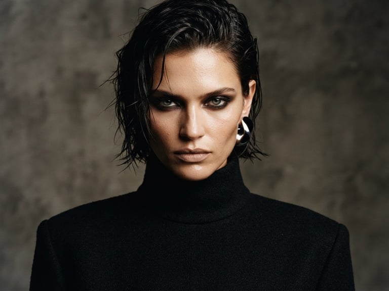 High-fashion editorial portrait of a model, sharp studio lighting, high contrast, minimalist background, neutral tones, medium format film, tight crop.