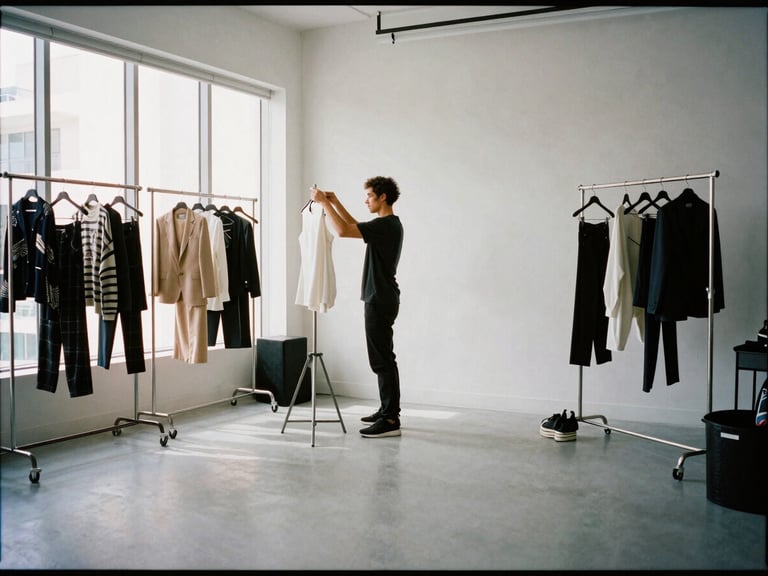 Behind-the-scenes runway prep in a bright, minimalist Miami studio, soft natural window light, clothing racks and styling tools visible in the background, high contrast