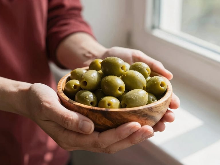 Hands holding fresh green olives in a rustic wooden bowl, bright natural sunlight, soft shadows, warm editorial photography