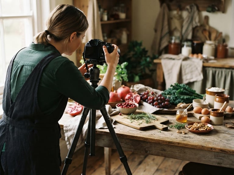 Over-the-shoulder view of a photographer adjusting a camera on a tripod, framing a rustic table with raw ingredients and soft side-lit daylight, rich crimson and forest tones, 35mm.