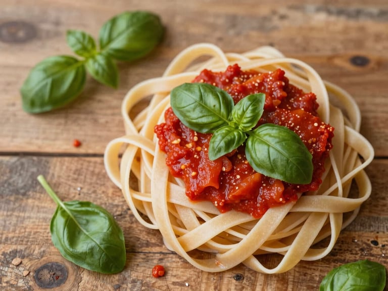Overhead flat-lay of a rustic wooden table set with fresh handmade pasta, rich red tomato sauce, fresh basil leaves, soft natural side-lighting, shallow depth of field, 35mm style.