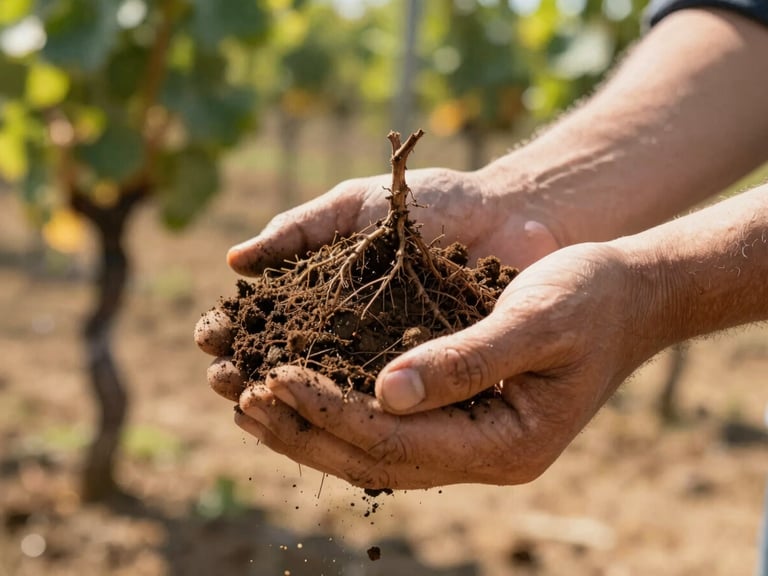 Close-up of hands holding rich soil and vine roots in a sun-drenched vineyard, warm natural light highlighting the textures of earth.