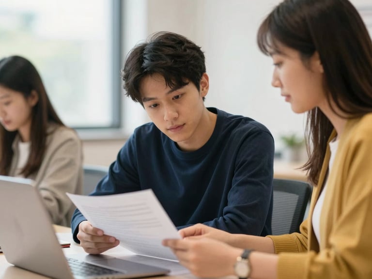 A warm editorial photograph of a focused student and an advisor reviewing documents in a bright, modern university office, soft natural daylight, shallow depth of field.