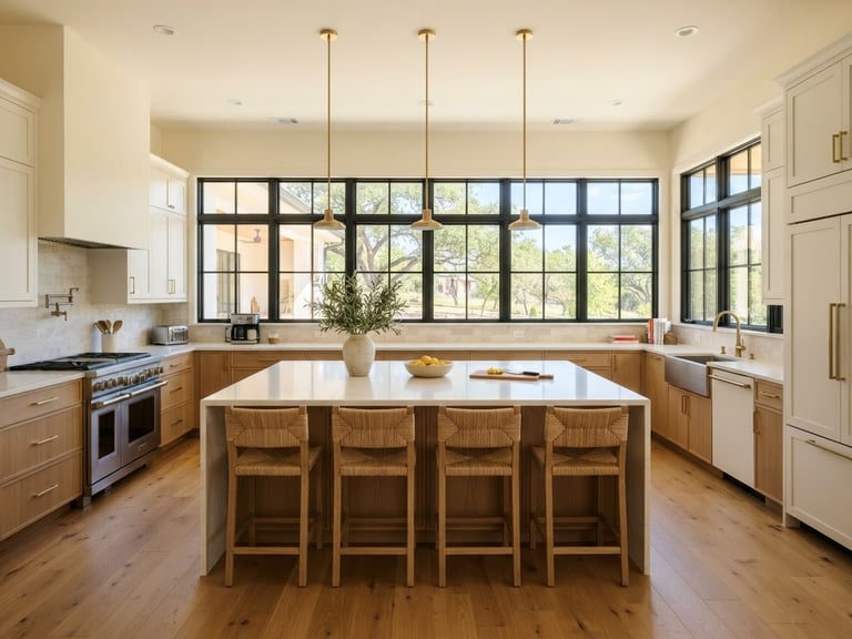 Bright, airy modern kitchen with a large quartz island, natural Texas daylight streaming through wide windows, straight-on architectural angle, clean warm tones.