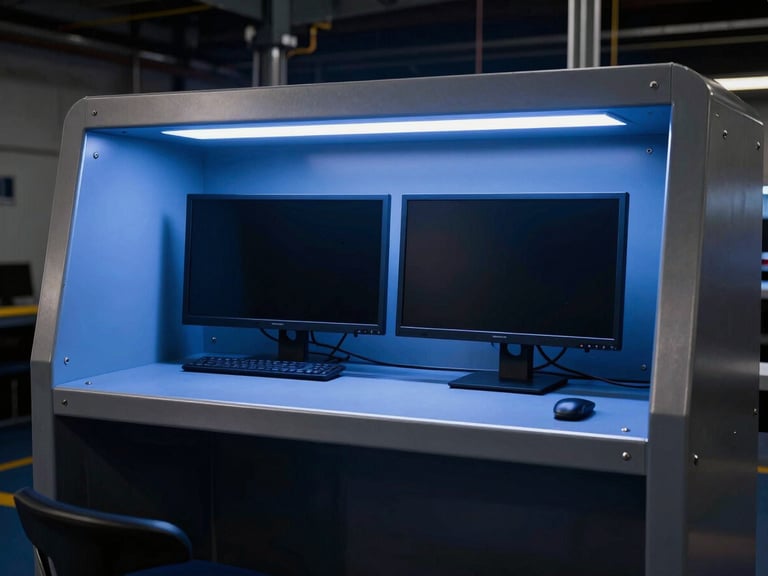 Sharp industrial photography of a custom naval joinery console with dual monitors in cool LED lighting, deep blue and metallic tones, high-contrast architectural framing of the workstation.