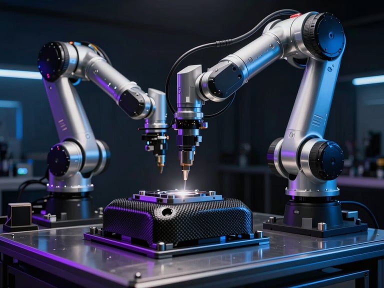 Industrial robotic arm precisely positioning a carbon-fiber reinforced component on a metal worktable, dramatic low-key lighting.