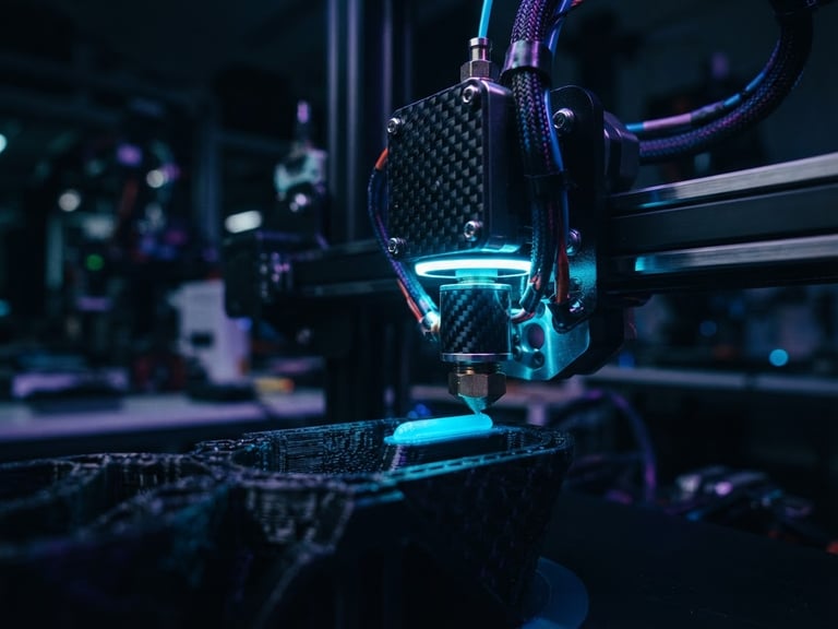 Cinematic macro shot of a high-precision carbon fiber 3D printer nozzle extruding material with sharp neon blue LED highlights reflecting off metallic surfaces, dark atmospheric lab background, 85mm lens