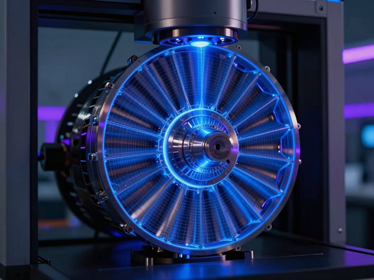 High-tech blue laser scanner capturing the geometry of a complex metallic turbine part, glowing mesh overlay, dark laboratory environment.